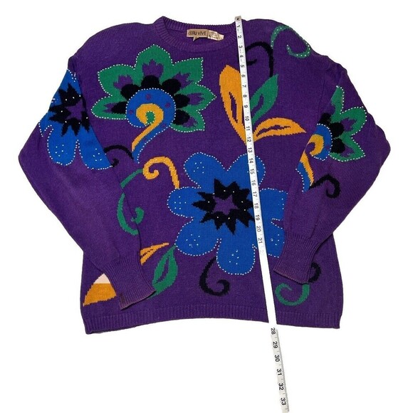 80's Vtg Crew Neck Sweater Colorful Floral Embroidery & Bead Embellished Women M - Picture 8 of 8